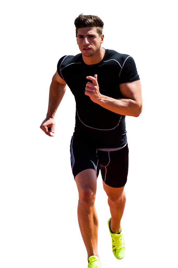 Athletic man is jogging against white background