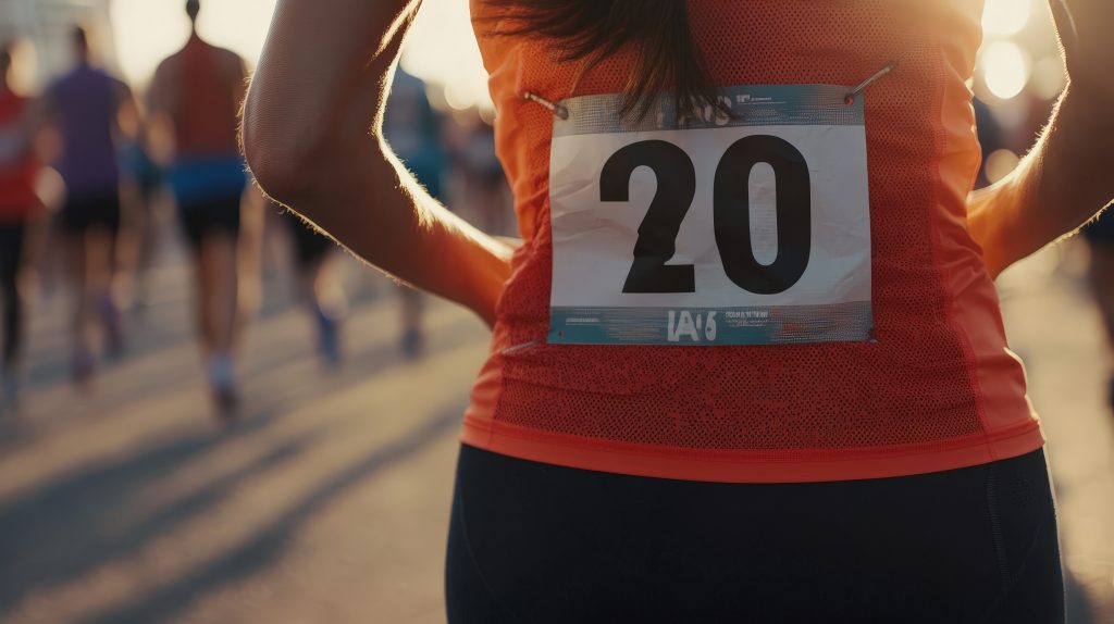 A close-up of race bib, showing their number as they prepare to start the marathon