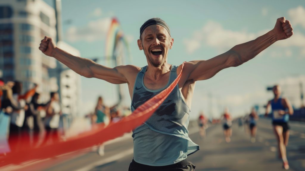 An energetic marathon runner crosses the finish line with arms outstretched, exuding joy and accomplishment.