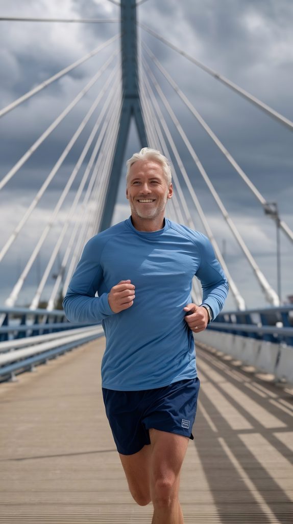 happy-mature-man-running-bridge-cloudy-sky