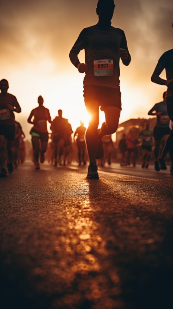 Marathon runners against the background of dusk. Concept of endurance in difficult conditions