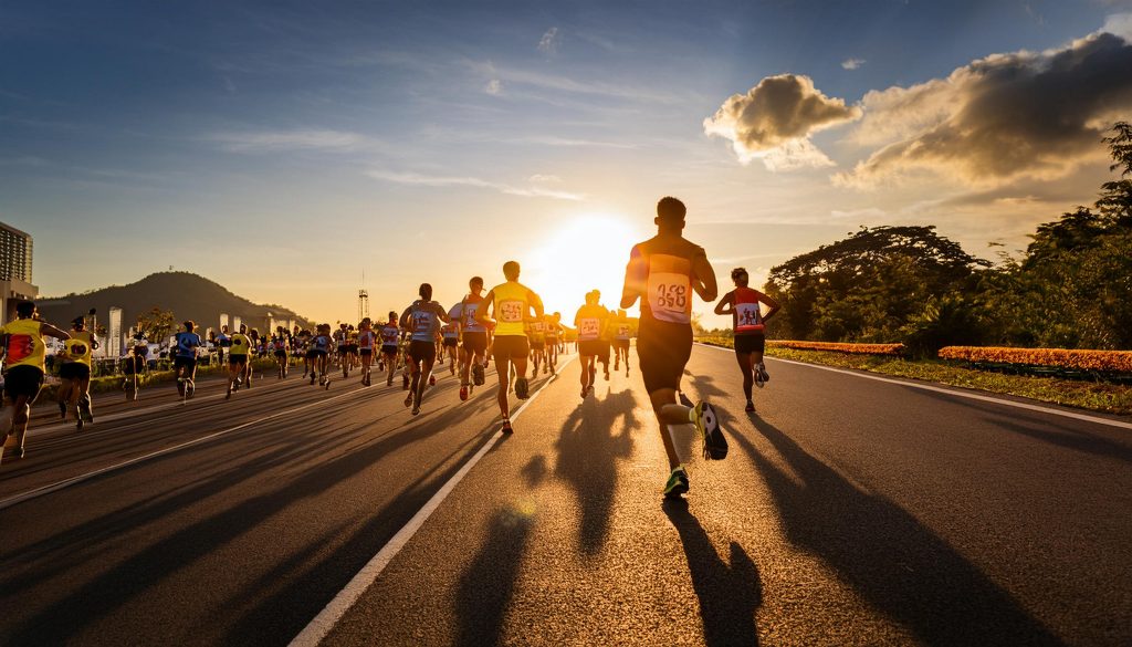 marathon-runners-pushing-through-final-stretch-sunset